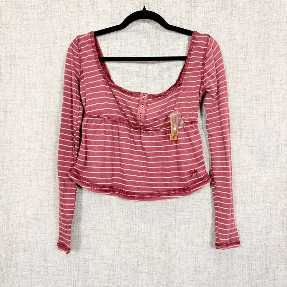 BDG Urban Outfitters Striped Babydoll Henley Long Sleeve Sz L Y2K Cropped NWT